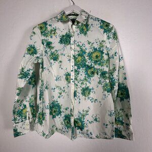 Lands' End Women No-Iron Supima Cotton Floral Button-Up Shirt Size 6 Green White